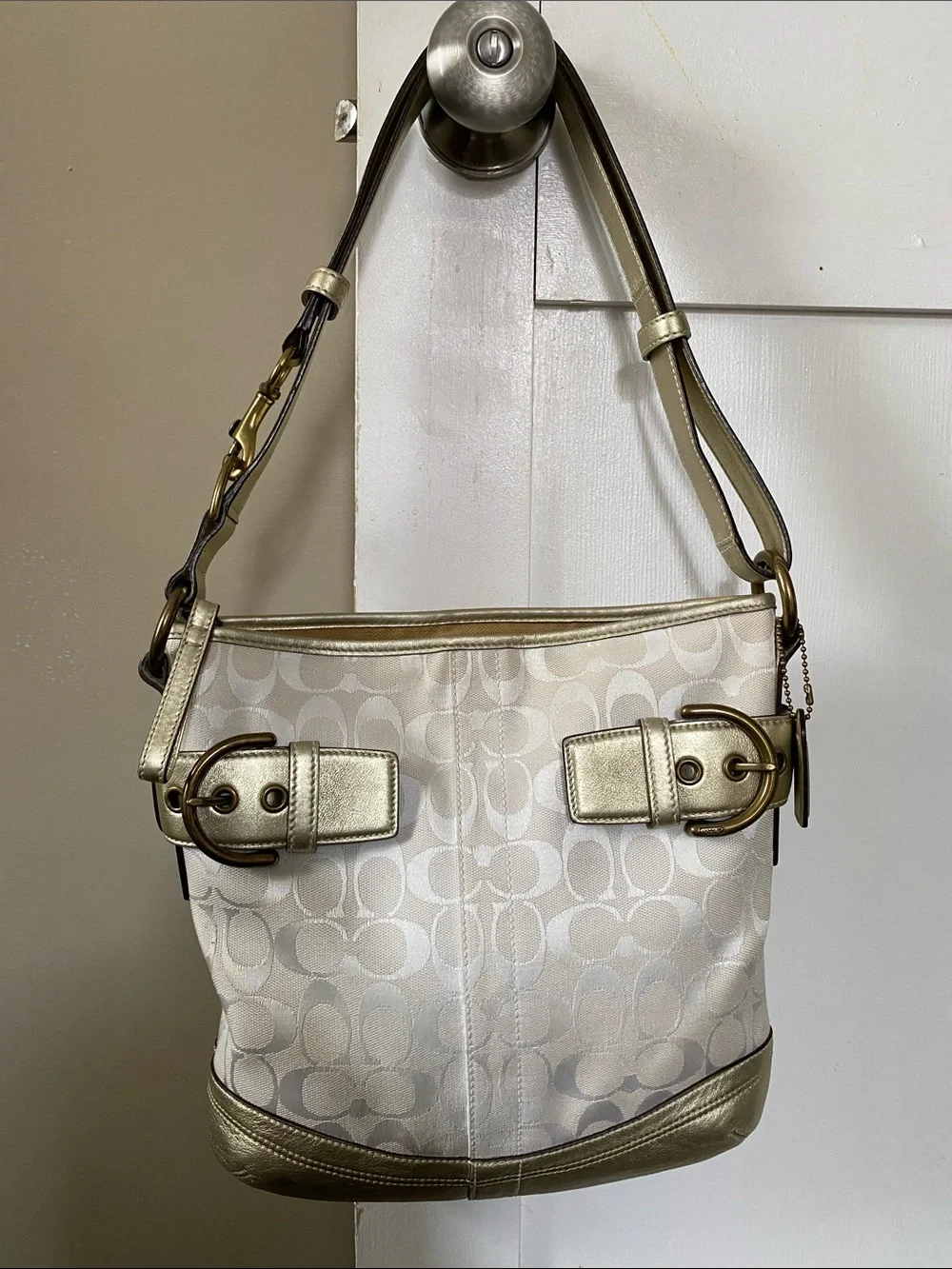 Coach Soho Signature Shoulder Bag with Cream monogram & Gold Metallic Trim